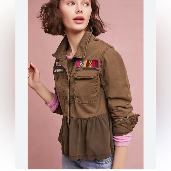 Anthropologie Jackets & Blazers - Anthropologie Military Style Olive Jacket with Peplum Hem, Beaded, Cotton/Linen
